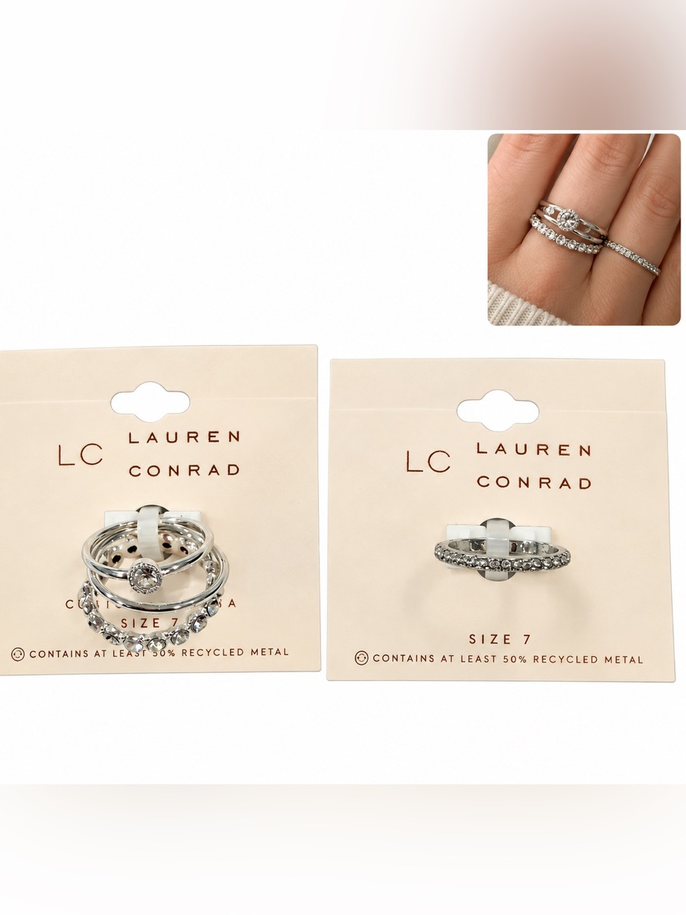 LC Lauren Conrad Silver Rhinestone Stackable Ring Set - Size 7 new gift preppy